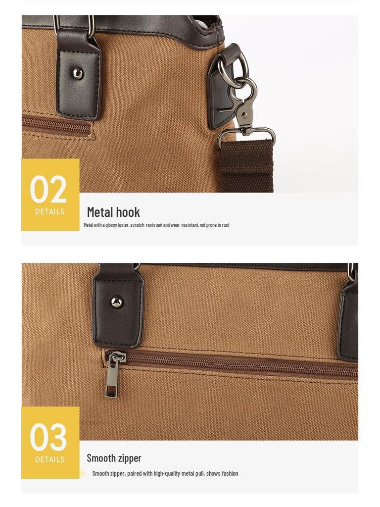 Men's Classic Canvas Business Briefcase: Horizontal Shoulder Bag with Cowhide Accents for Laptop and Daily Use