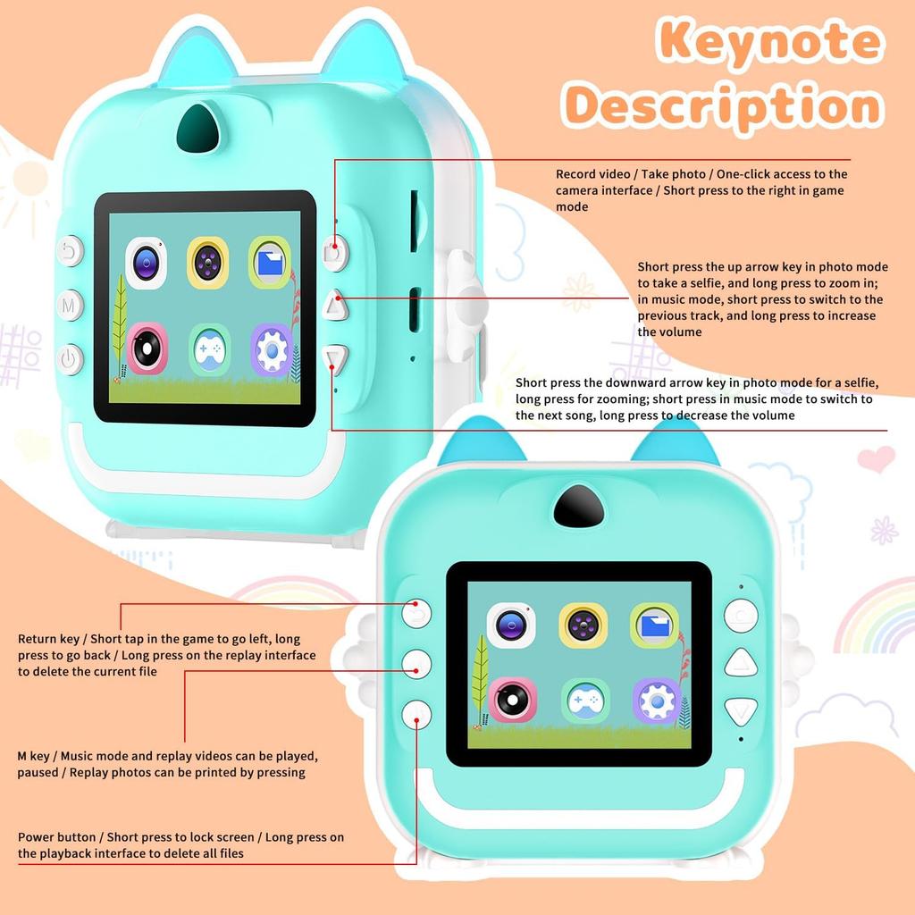 Instant Print Camera for Kids, Christmas Birthday Gifts for Girls Boys, Selfie Digital Camera with 1080P Videos, Portable Camera Toy for 4 5 6 7 8 9