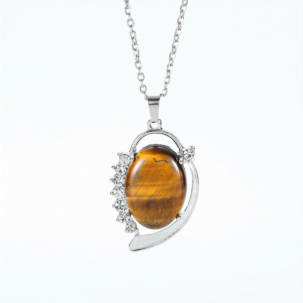 Natural Crystal Stone Pendants Necklaces Oval Bead Healing Pink Quartz Jewelry for Women Oval Shape Charms Metal Alloy Pendant