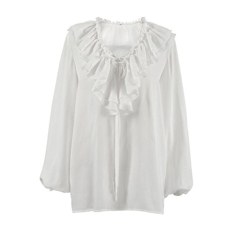 European and American Fashion White Ruffled Blouse for Women, Autumn Design V-Neck Lantern Sleeve Chiffon Shirt, Commuter Women's Clothing