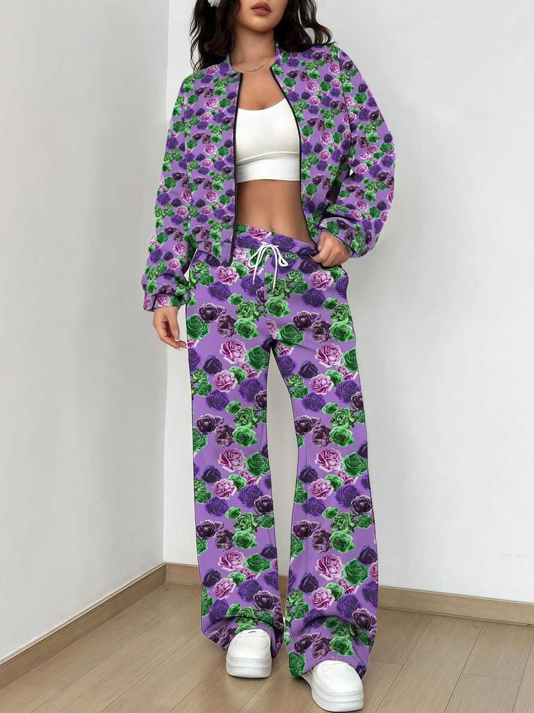 Casual Fashion Autumn and Winter New European and American Women's Clothing Color Flower Printing Suit Women