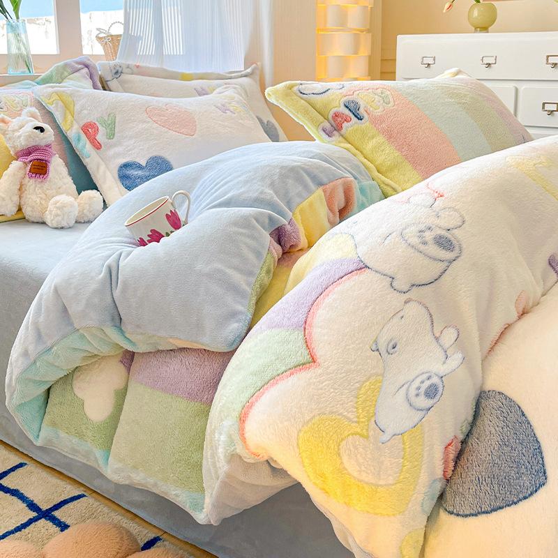 Warm Snowflake Fleece Four-piece Set, Double-sided Fleece Thickened Milk Fleece Bed Sheet Three-piece Set