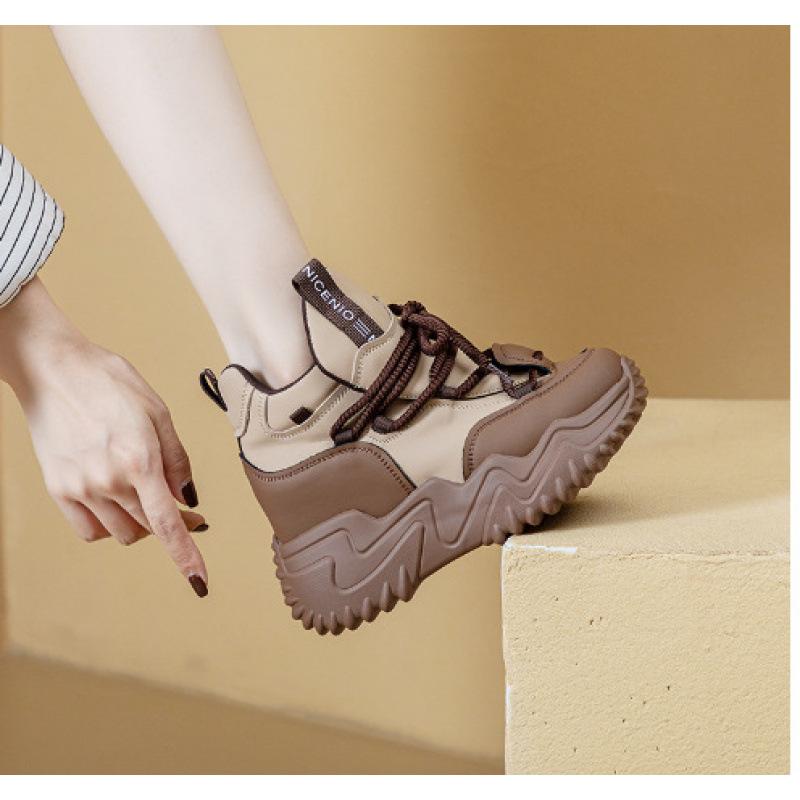 Autumn and winter thick-soled inner height-increasing shoes casual lace-up comfortable and warm casual short boots medium tube women's cotton shoes