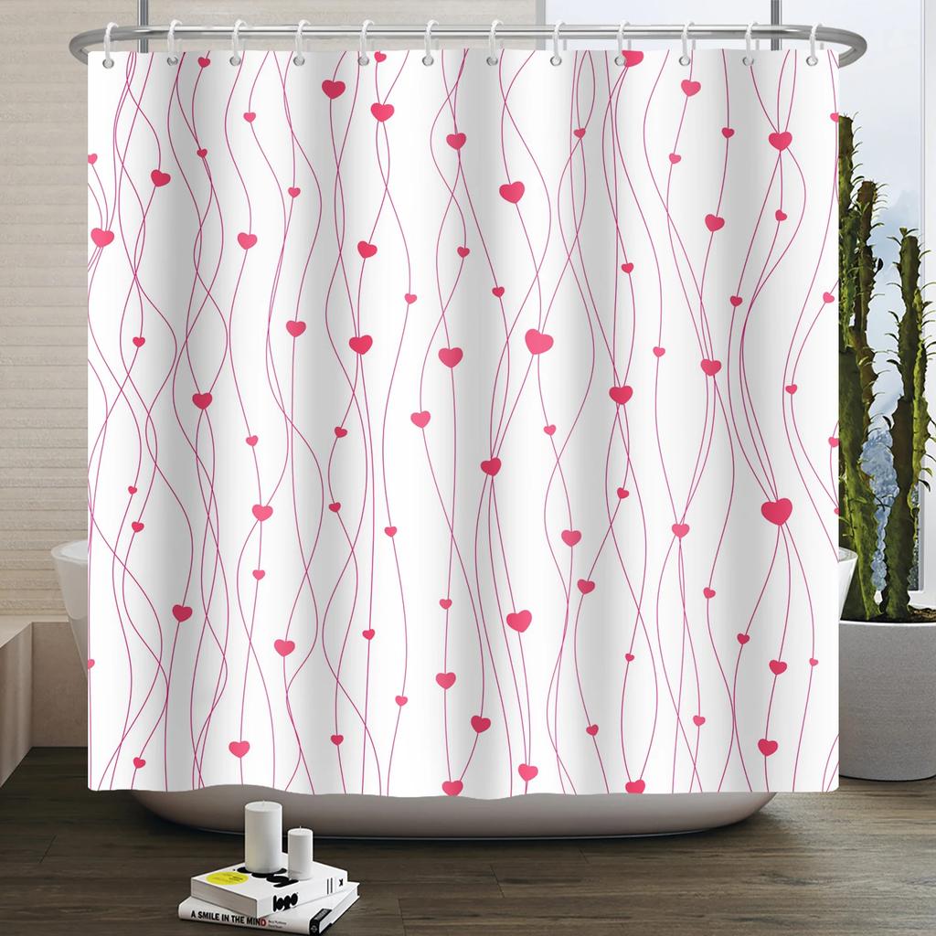 Happy Valentines Day Heart Shower Curtain Red Pink Romantic Falling Love Heart Sweet Lovers Waterproof Bathroom Curtain Decor