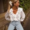 Women's Fashion Casual Spring Autumn Solid Color Print Long Sleeve V-Neck Blouses Shirts