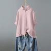 Women's Cotton And Linen Lace Solid Color Button Up Shirt Upper Hem Short Sleeve