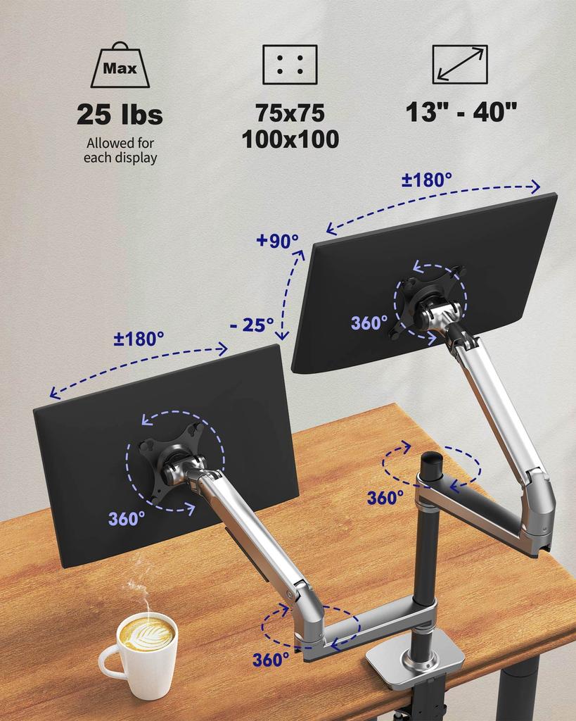 Ergounion PC Monitor Arm Dual LCD Display Arm PC Arm 2 Screens Compatible with Inch Weight Capacity VESA 75x75mm 100x100mm Mechanical Spring Type
