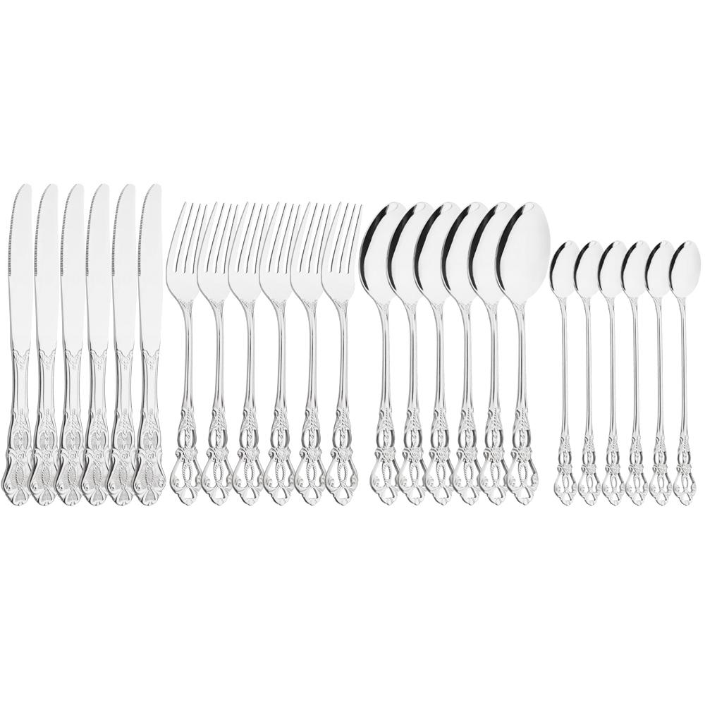 24Pcs Dinnerware Set Multicolor Cutlery Set Western Stainless Steel Tableware Vintage Knife Fork Long Ice Spoon Silverware Set