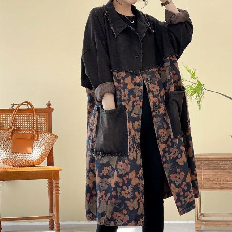 Temperament Vår og Høst Koreansk Dame Midilengde Løs Trykt Søm Denim Vindjakke Jakke Pluss Størrelse