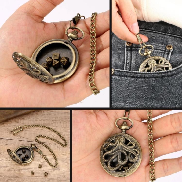 Unique Pocket Watch Case with 7pcs/set Metal Polyhedral Dices Pendant Fob Chain