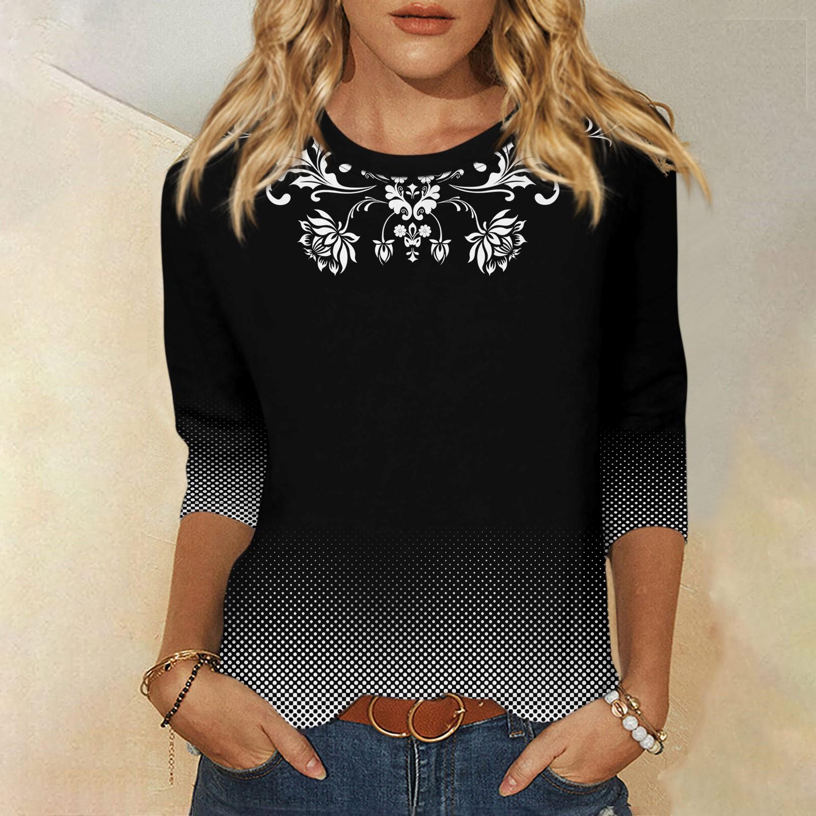 

Женская модная повседневная футболка с круглым вырезом и рукавами 3/4 с принтом, топ L чёрный