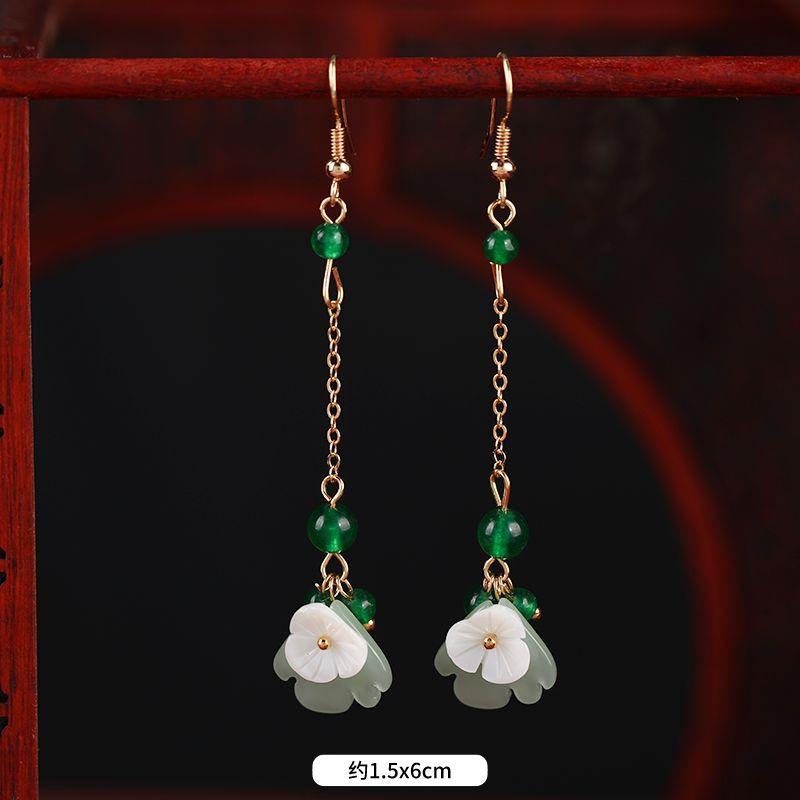 Antique earrings women's versatile temperament agate pearl long earrings retro jade fringed earrings