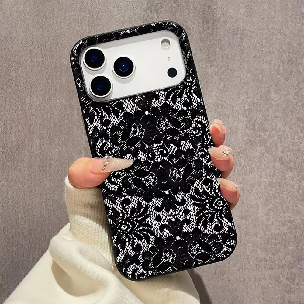 Black Lace Pattern Phone Case For iPhone 17 Pro Max 16 Plus 15 Pro 14 11 13 12 11 16E 17Air XR XS Lychee Textur Soft Cover