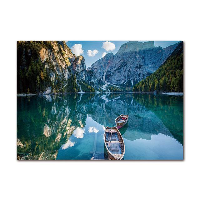 Snow Mountain Canvas Print Painting Nordic Aurora Lake River Scandinavian Forest Boat Landscape Poster Modern Picture Home Decor