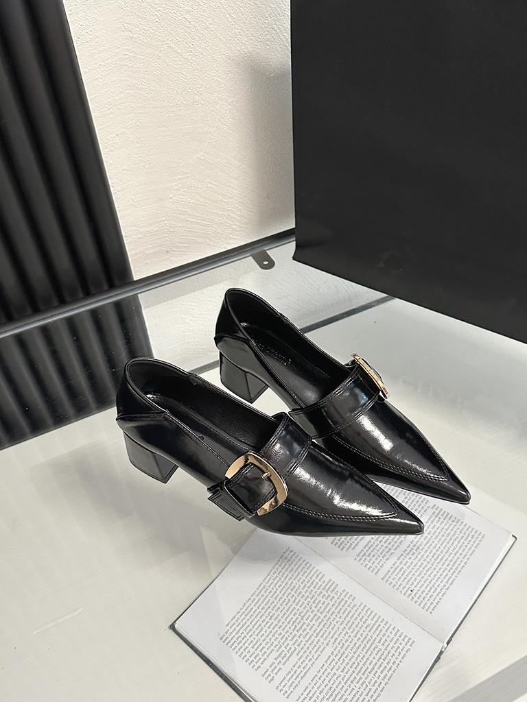 fashion Pointed Toe Women Pumps Shallow Slip On Flat Mid Heeled Belt Buckle Slip On Thick Heels Flcok/PU/Lycra Office Pumps Shoes 35-39