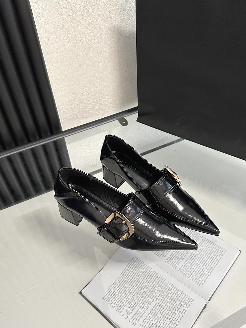 

мода Туфли-лодочки с острым носком для женщин, неглубокие слипоны на плоском среднем каблуке, с ремешком и пряжкой, слипоны на толстом каблуке, флок/ПУ/лайкра, офисные туфли, размеры 35-39 5.5