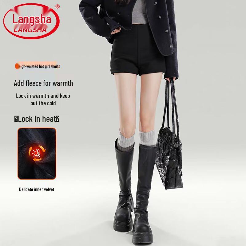 Langsha Women s High-Waist Plush Lined Slimming Black Shorts XL