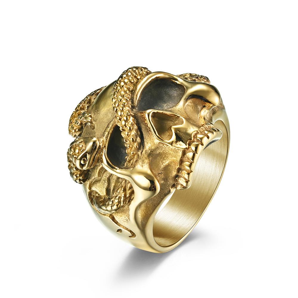 Gothic Stainless Steel Skull Snake Ring for Men Punk Hip Hop Steel/Gold Color Skull Rings Fashion Jewelry Gift Wholesale