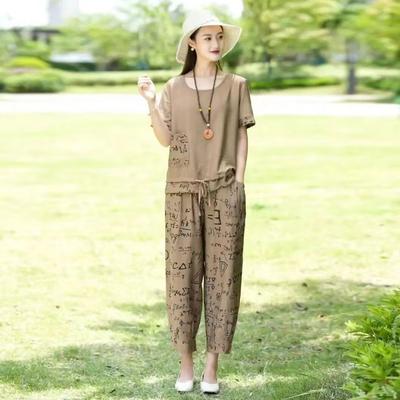Damen Baumwolle Leinen Lässig Kurzarm T-Shirt Top Harlan Cropped Hosenanzug Sommer Mode 2-teiliges Set Übergröße