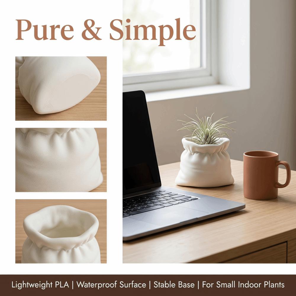 3D Printed Planter Vase Multifunctional Pouch Shape Flower Pot Minimalist White Flower Vase Home Office Desk Decor