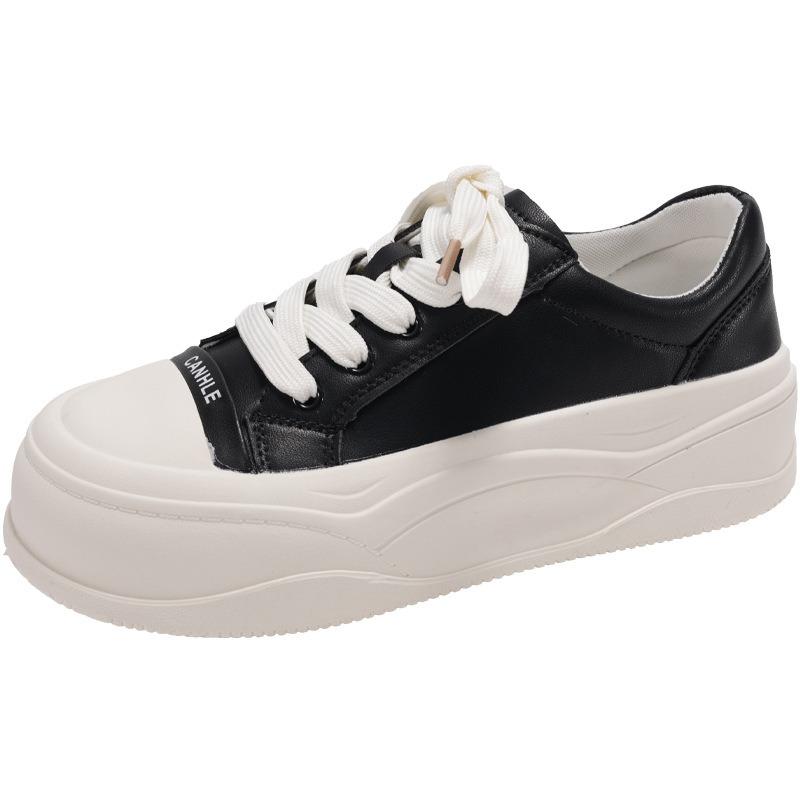 Leather thick-soled casual little white shoes women's spring new round head lace-up versatile soft-soled heightening board shoes