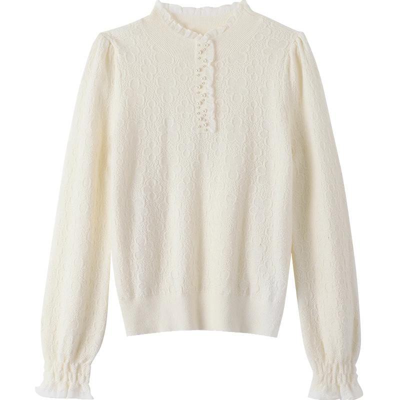 Baitu Women's Jacquard Ruffle Collar Long Sleeve Knit Sweater