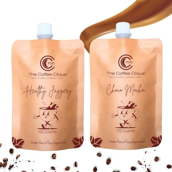 The Coffee Clique | Healthy Jaggery + Choco Mocha | Beaten Coffee Paste | Cafe Like Cappuccino At Home | Combo of 2 | 220 Grams | Flavoured Coffee