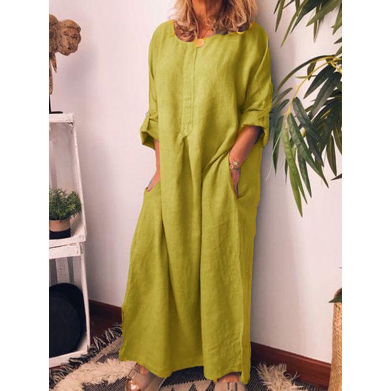 

Solid Color round Neck Long Sleeve Dress Pure Color round-Neck Long-Sleeved Dress Turmeric M