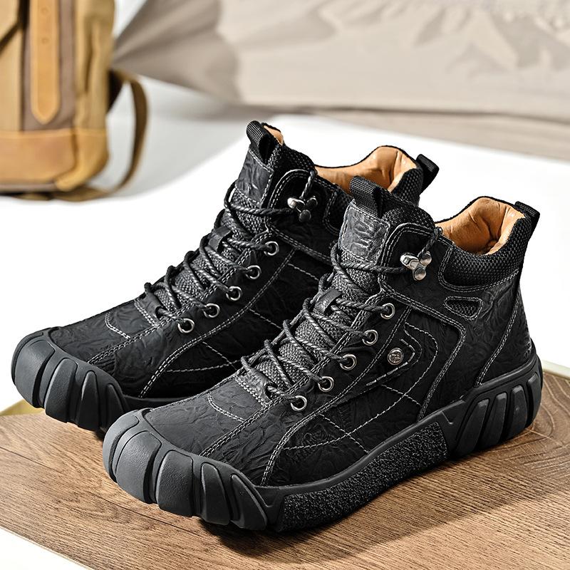 

Осень и зима 2024 уличные высокие мужские ботинки Мартин кожаный бархатный теплый мужской обувь походные ботинки на платформе универсальная обувь 38 чёрный