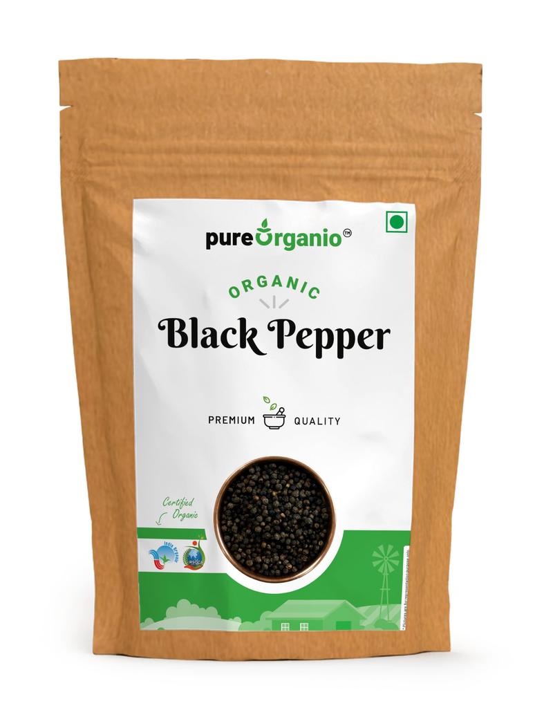 Pure Organio Organic Black Pepper Whole - Organic Black Pappercorn - Kali Mirch - NPOP Certified (200 Gm)