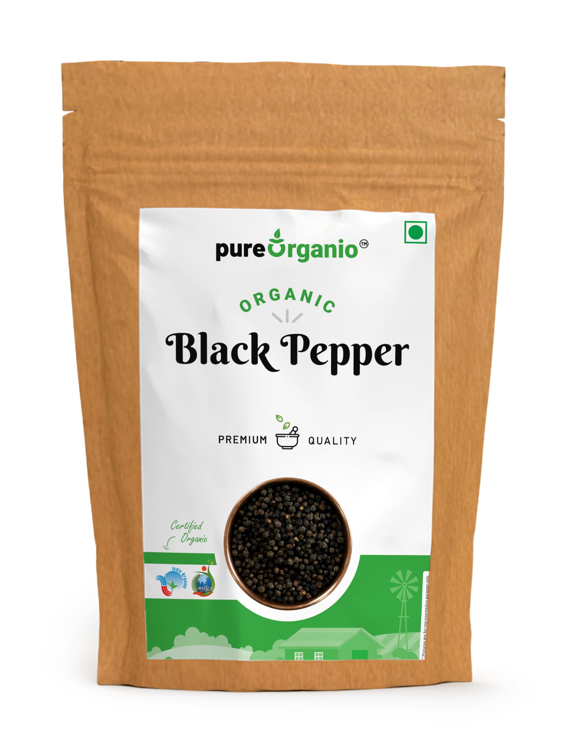 Pure Organio Organic Black Pepper Whole - Organic Black Pappercorn - Kali Mirch - NPOP Certified (200 Gm)