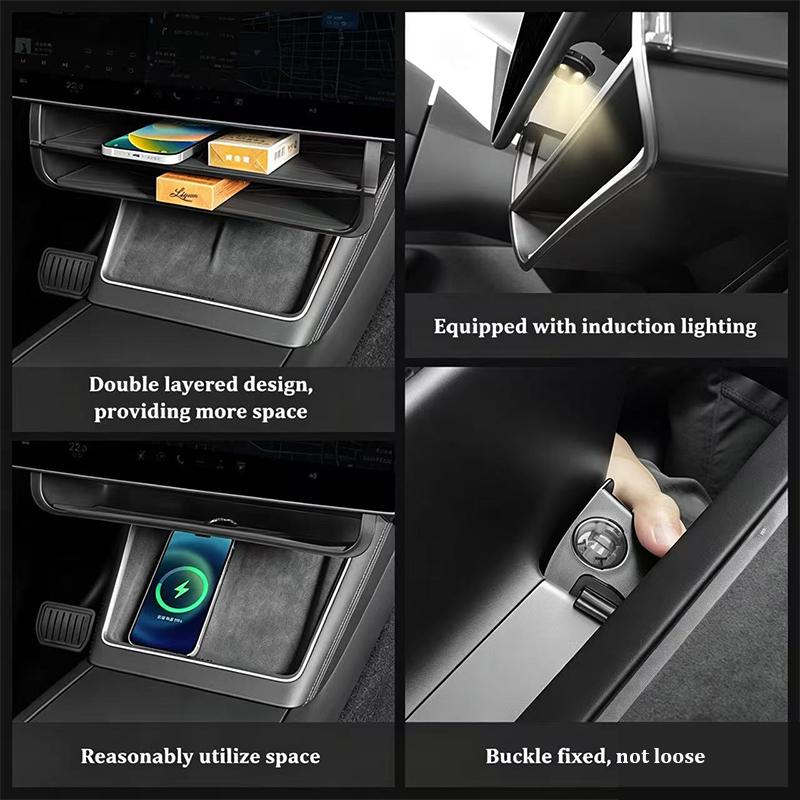 For Tesla Model 3/Y/YL Juniper 2026 Center Console Hidden Storage Tray Double-layer Organizer Box Under Screen Interior Storage