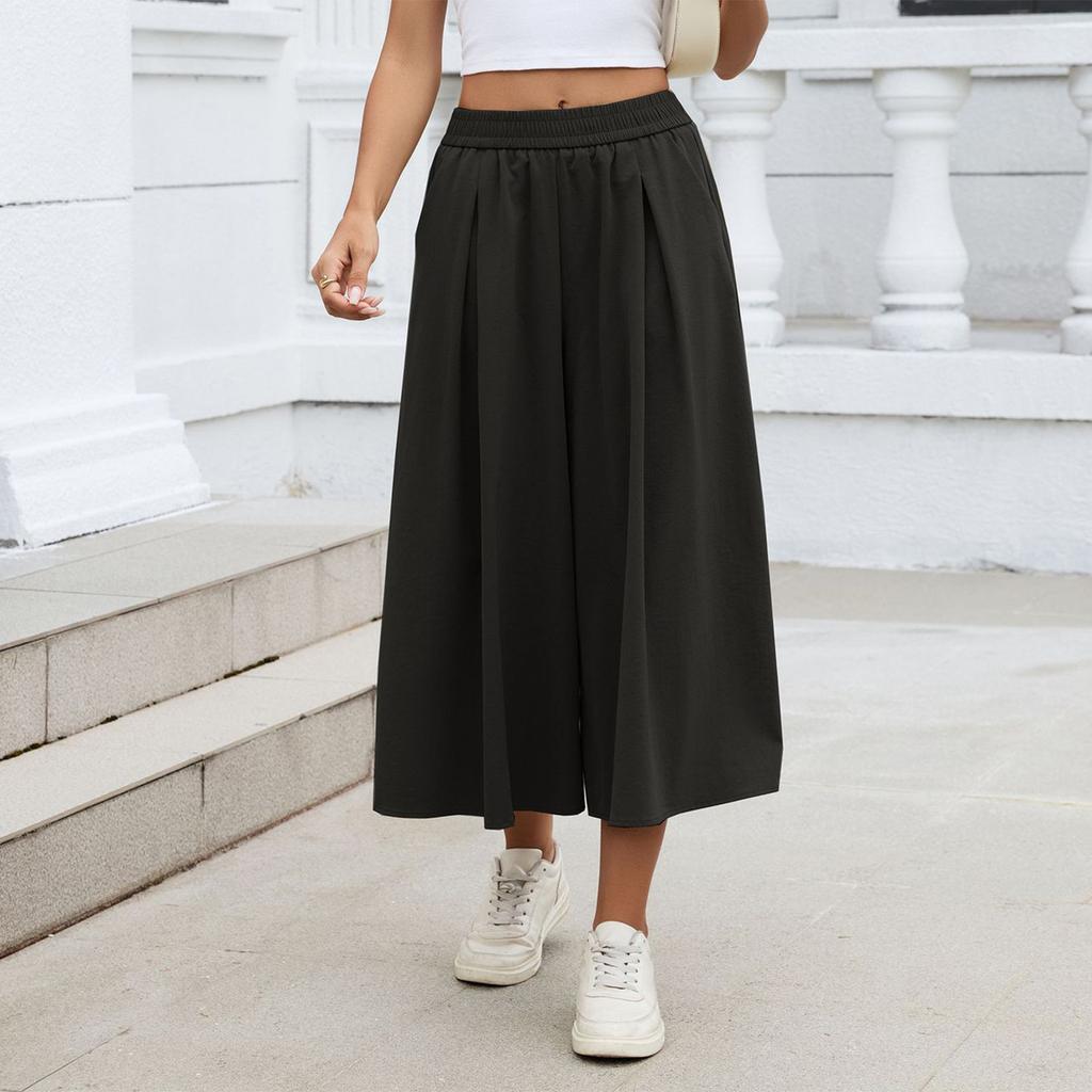 Women's Fashion Color Loose Wide Leg Pants Elastic Waist Pockets High,Waisted Skirt Pants