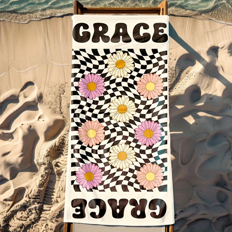 Personalized Beach Towel Daisy Plaid Custom Name logo Microfiber Beach Towel Thin Absorbent for Beach Swimming Yoga Bath Sports