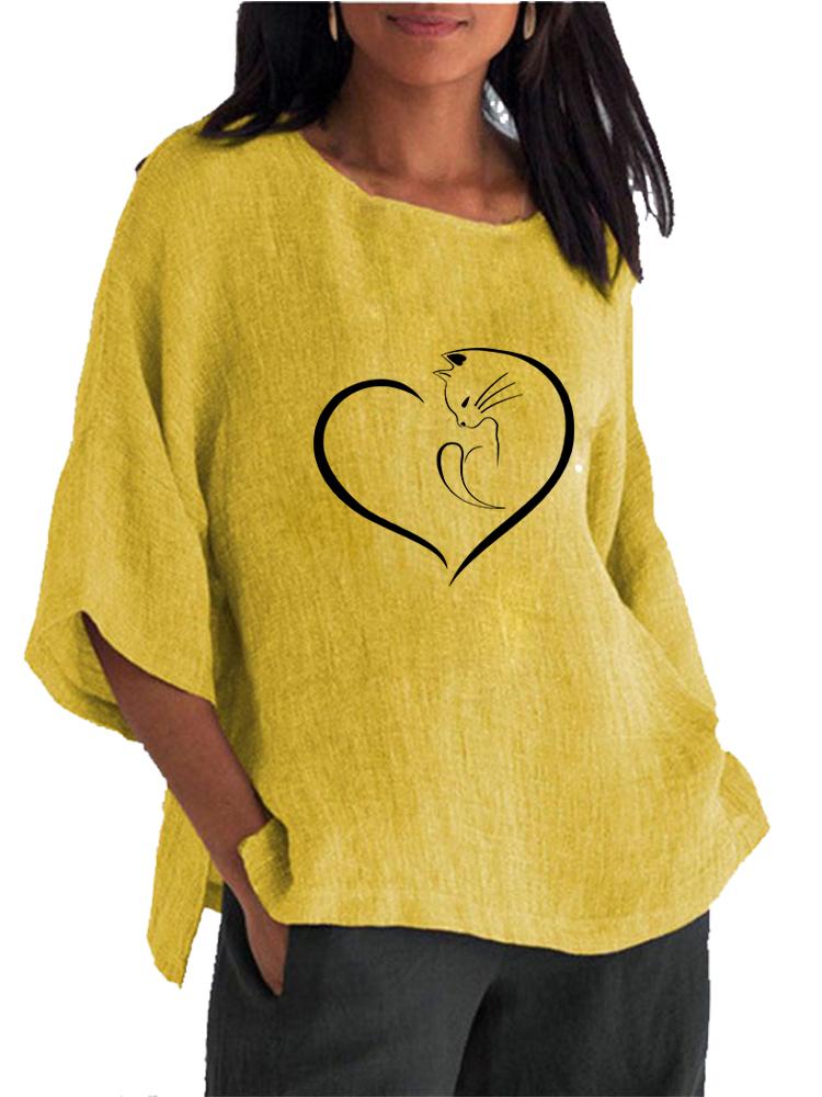 Damenmode Rundhals Print Shirt Frühling&Sommer 3/4 Langarm Top Damen Baumwolle Leinen Bluse