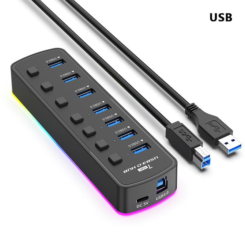 

Rgb USB 3.0 Хаб 7 Портов Адаптер Порта Данных 5 Гбит/с Высокоскоростной Индивидуальные Выключатели Разветвитель USB Док-станция Расширения