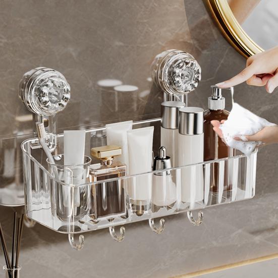 No-Drilling Corner Shower Caddy Suction Cup Holder with Hook Strong Load-bearing Easy to Install Removable Basket Storage Shelf