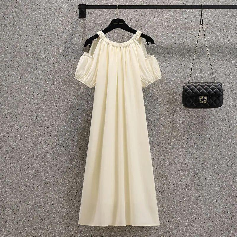 Korean Style Plus Size Off-Shoulder Summer Midi Dress - French Sweet, Loose Fit, Cover Belly Design for Women