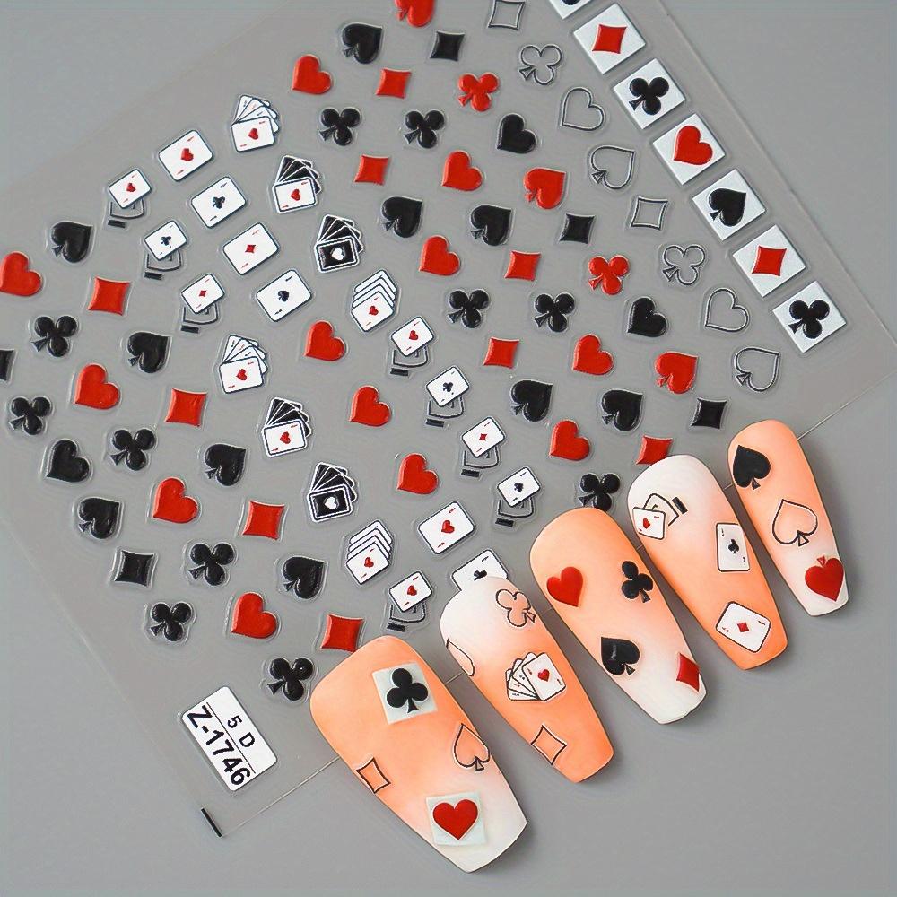 Solitaire Playing Card Pattern Design Nail Art Stickers: Self-Adhesive, Easy to Use, Cartoon Themed, One-Time Use, Glitter Accents