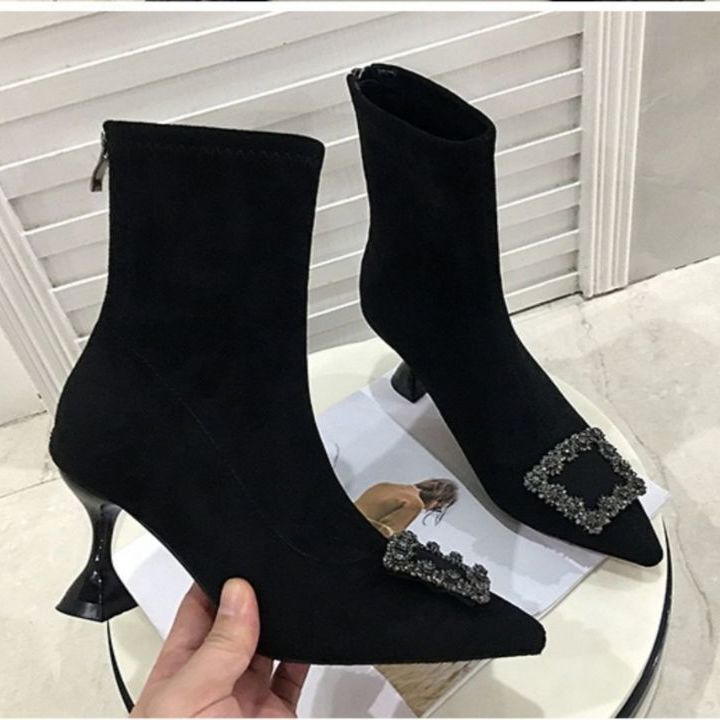 Small Short Boots 2025 New Women's Winter One-pedal Thin Leg Socks Boots Rhinestone Square Buckle Pointed Middle Heel Short Boots