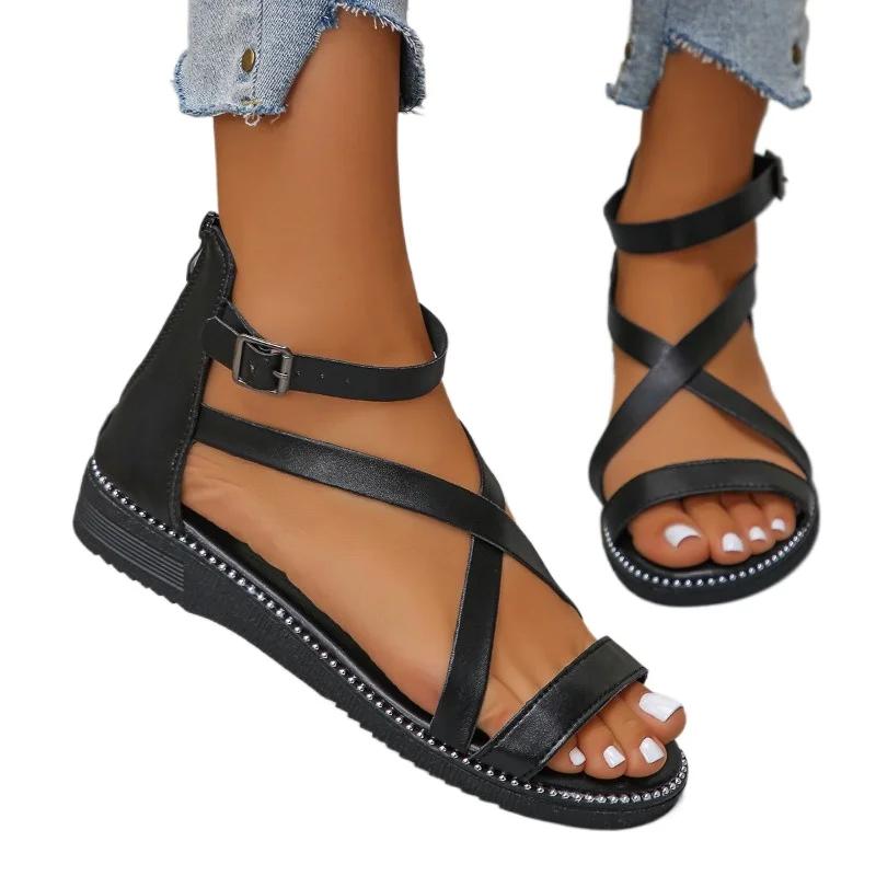 Fashion Ladies Shoes 2025 New Open Toe Women's Sandals Fashion Back Zipper Casual Summer Plus Size Best Seller Comfortable Flat Sandals