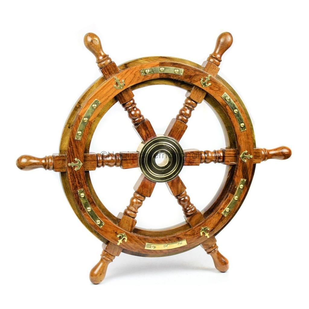 Nautical Premium Sailor's Hand Crafted Brass & Wooden Ship Wheel | Luxury Gift Decor | Boat Collectibles (18 Inches, Anchor & Strip)