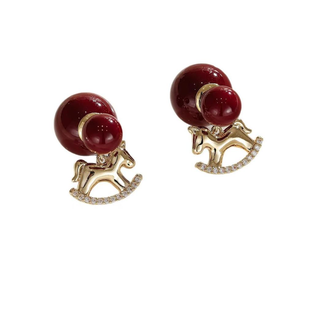 Retro Red Little Horse Beaded Stud Earrings: Elegant, Versatile, Two-Way Design