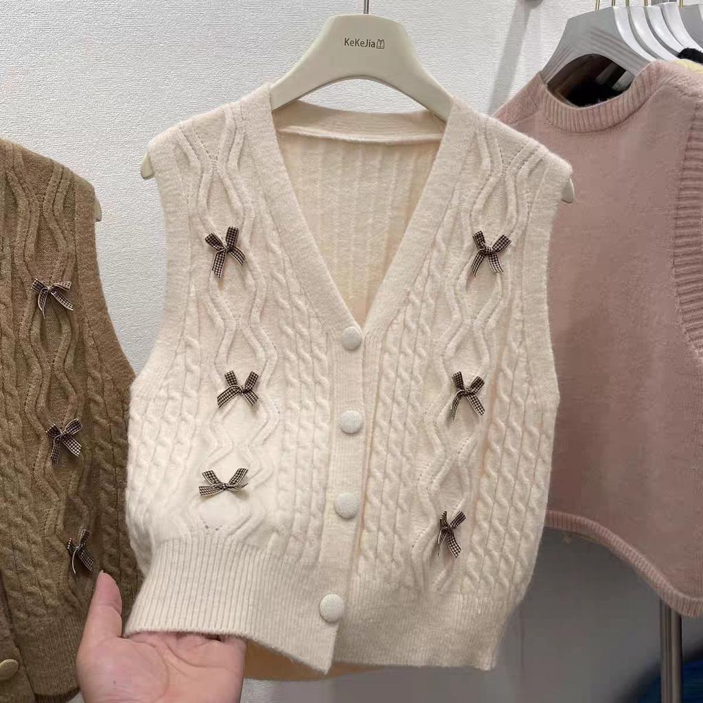 Spring and Autumn Thickened Bow V-neck Knitted Vest Women's Youthful Outerwear Cardigan Top