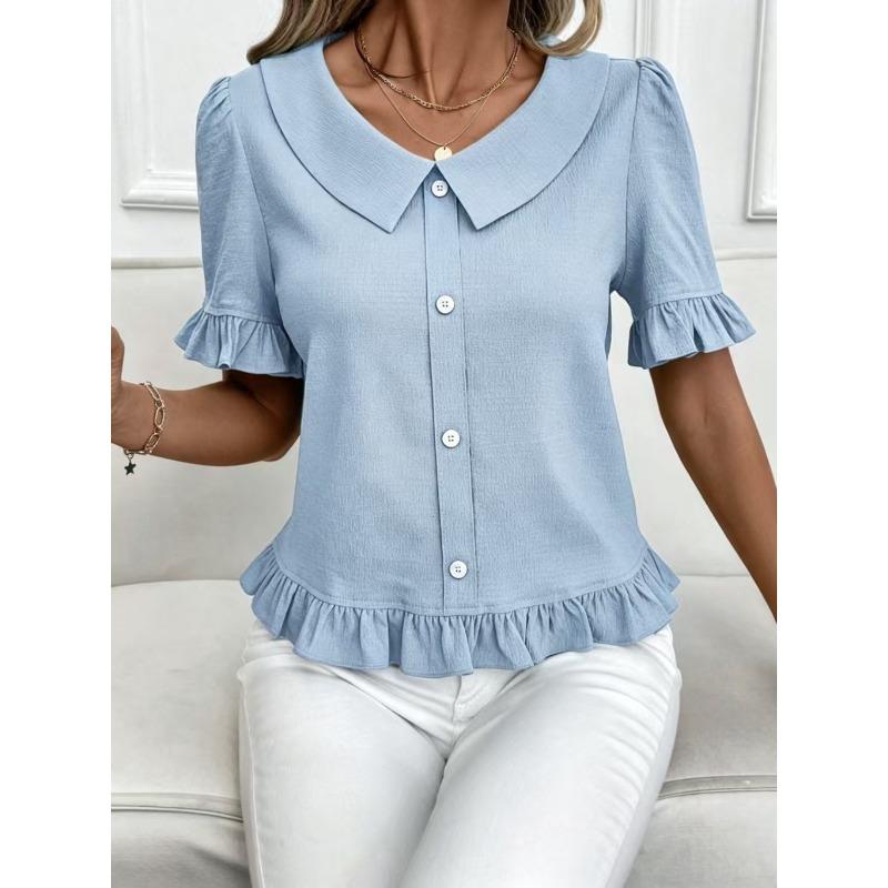 Lady's Front-buttoned Petal Short-sleeved Summer Fashion Pullover Casual Everyday Versatile Top