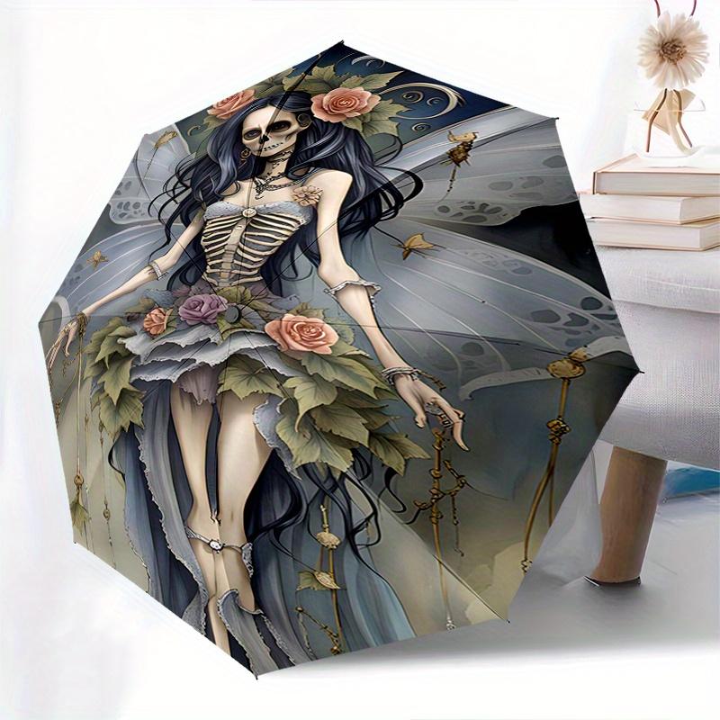 Skeleton Fairy, Fantasy Art Theme Automatic Open/Close Umbrella, Portable 3 Fold Compact Umbrella for Men & Women, Valentine's Day Mother's Day Gift