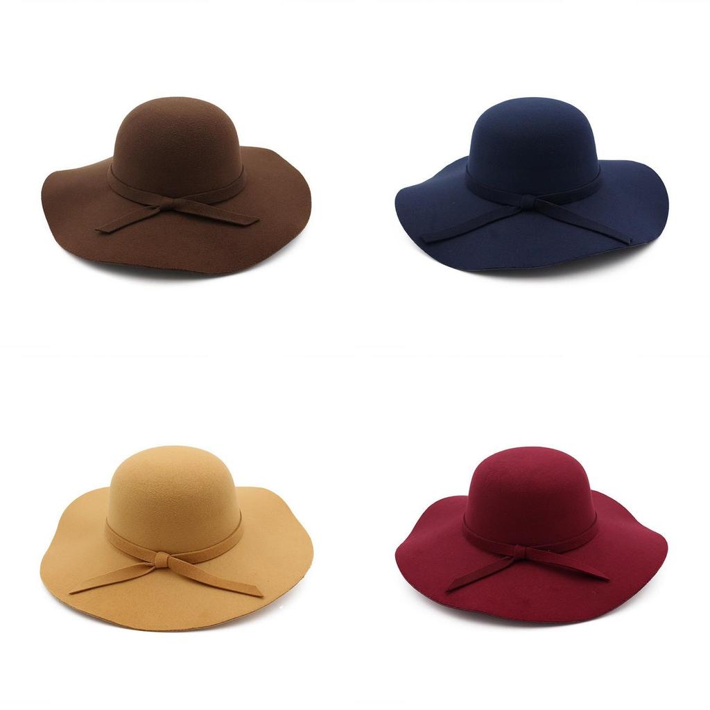 Classic Ladies Felt Hat With Big Brim And Bow For Outdoor And Casual Use