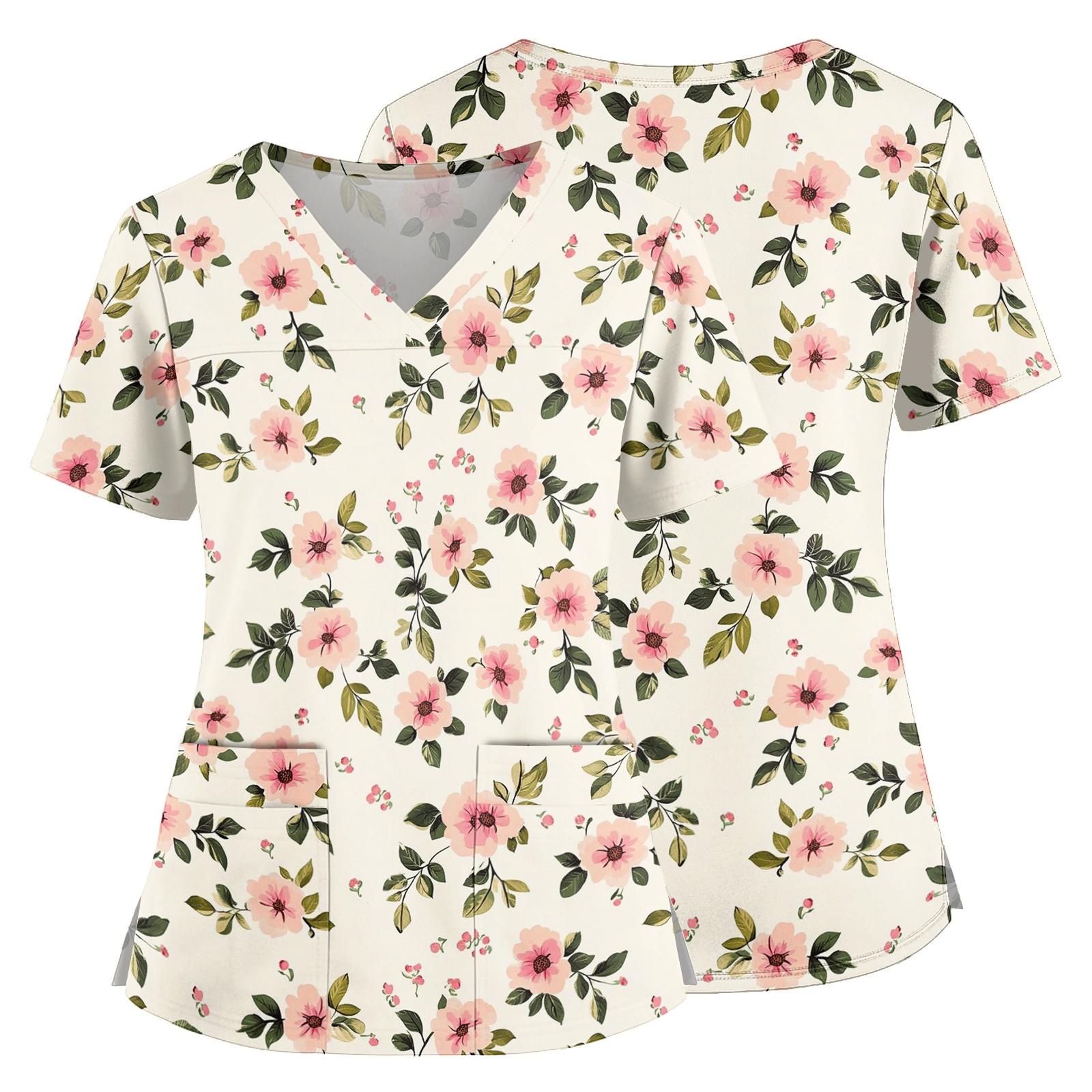 

Women Floral Print V Neck Scrub Top with Pockets Side Slits Short Sleeve Medical Uniform Shirt for Healthcare Professionals L