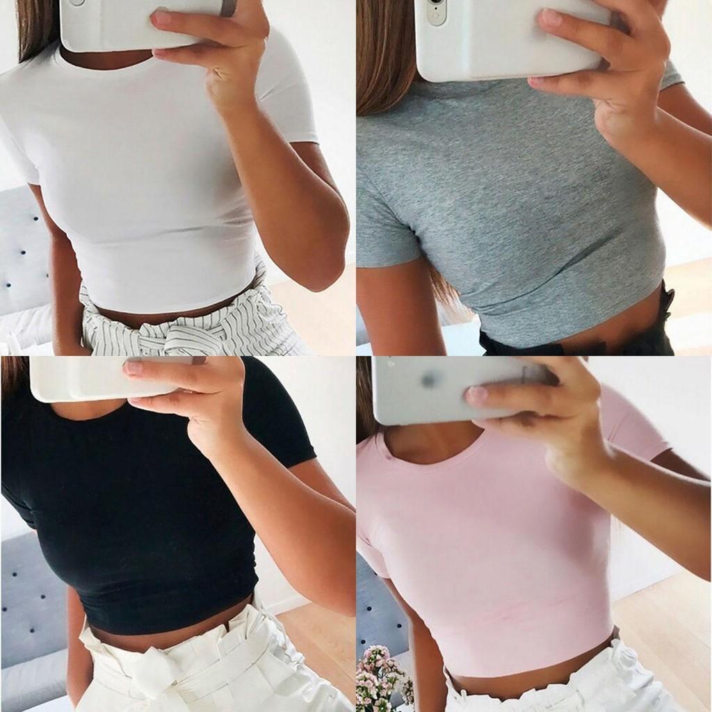 Elegant Women Summer Beach Short Sleeve Blouse T-shirt Slim Fit Crop Tank Top