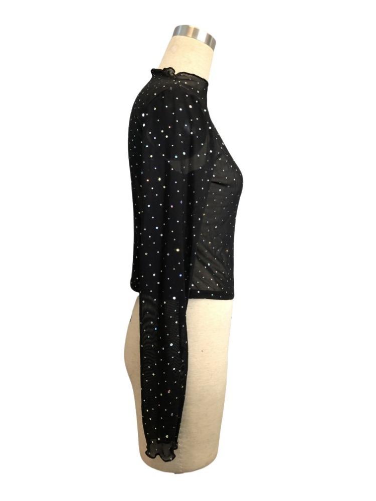Spring and Summer Women's Small Standing Collar Long-sleeved Mesh Transparent Sequins Decorated T-shirt Tops for Women Versatile Fashion Shirt
